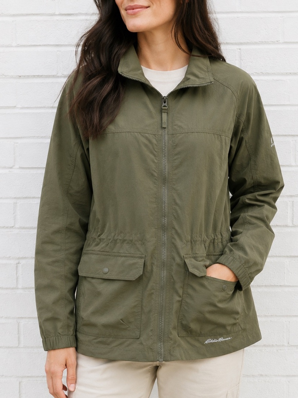 Eddie Bauer Olive Green Utility Field Jacket M Cinch Waist Travel Lightweight - Picture 7 of 12